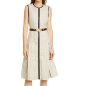 TORY BURCH Leather Trim Linen Midi Dress In New Ivory/ Safari Heavy Linen